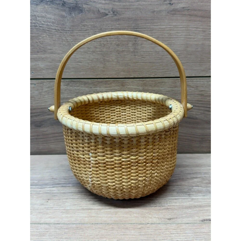 Nantucket Lighthouse Style Basket Woven Wooden Swing Handled Round 6.5”